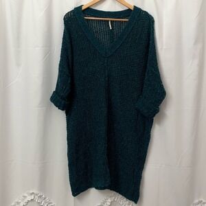 Free People‎ Teal Green Chunky Open Knit V-Neck Oversized Sweater Dress Small